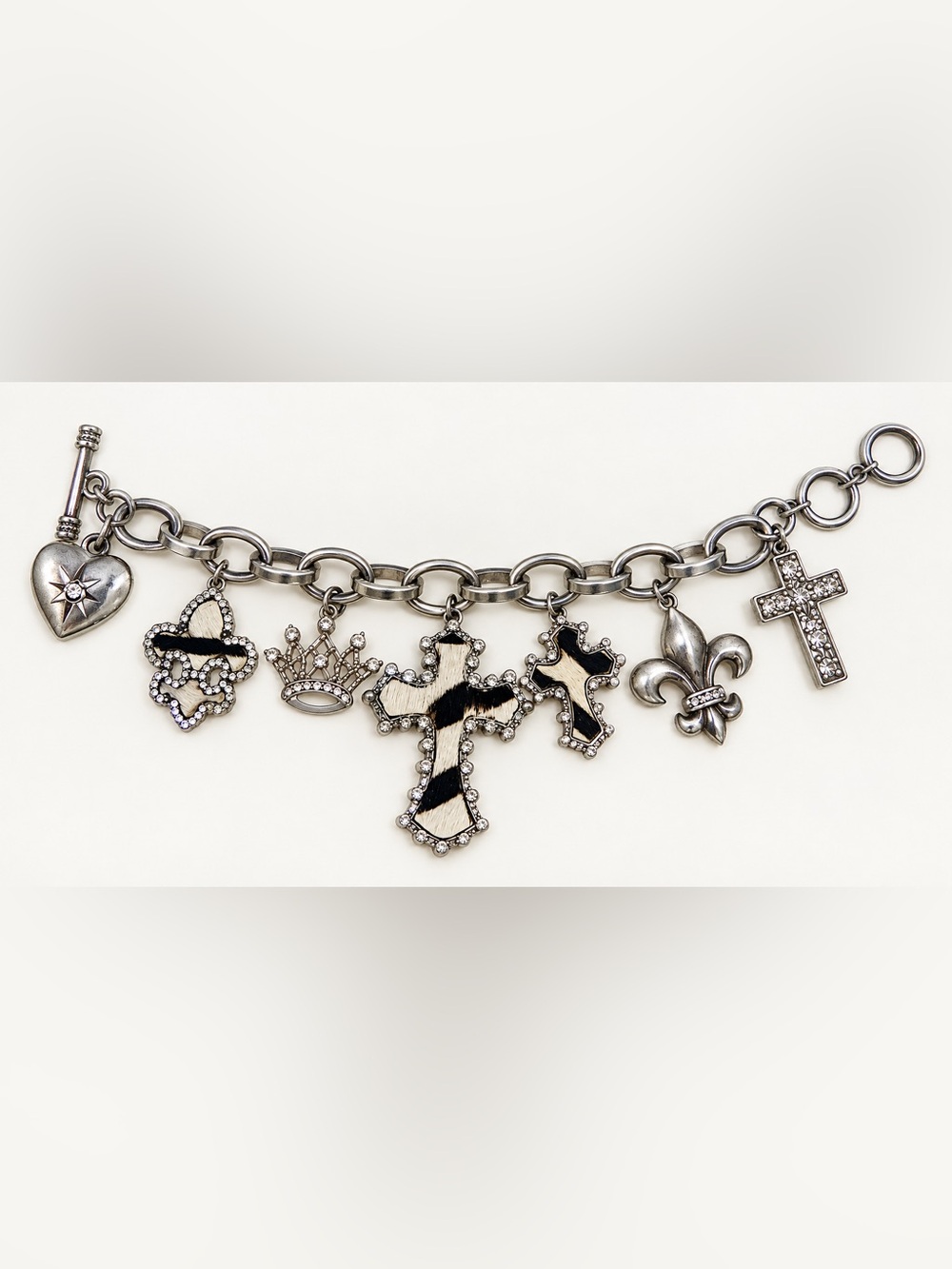 Silver Tone Multi Charm Bracelet Cross Crown Fleur de Lis Rhinestone 9”